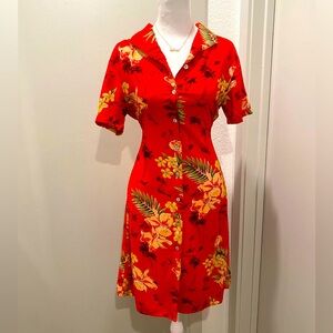 VTG 90s Notations Red Tropical Button Down Collared Short Sleeve Maxi Dress - S